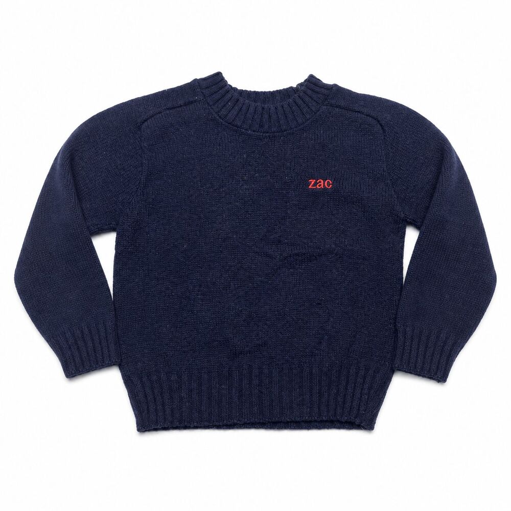 Vintage 80s Jacobson’s Navy Wool Blend Kids Sweater Sz 4 Zac Personalized USA